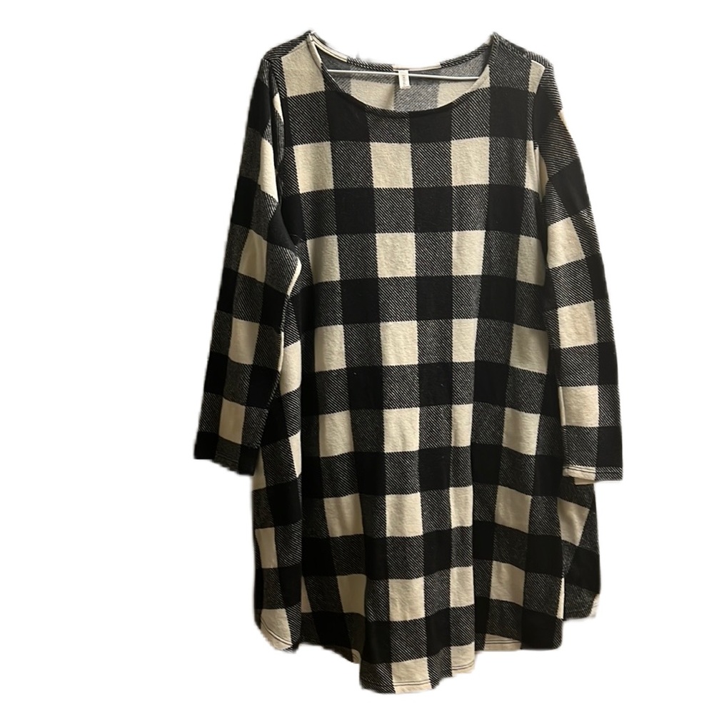 EMERALD, Checker Board Print, Scoop Neckline Shirt Dress, Black/Off White, 1X - Picture 1 of 6